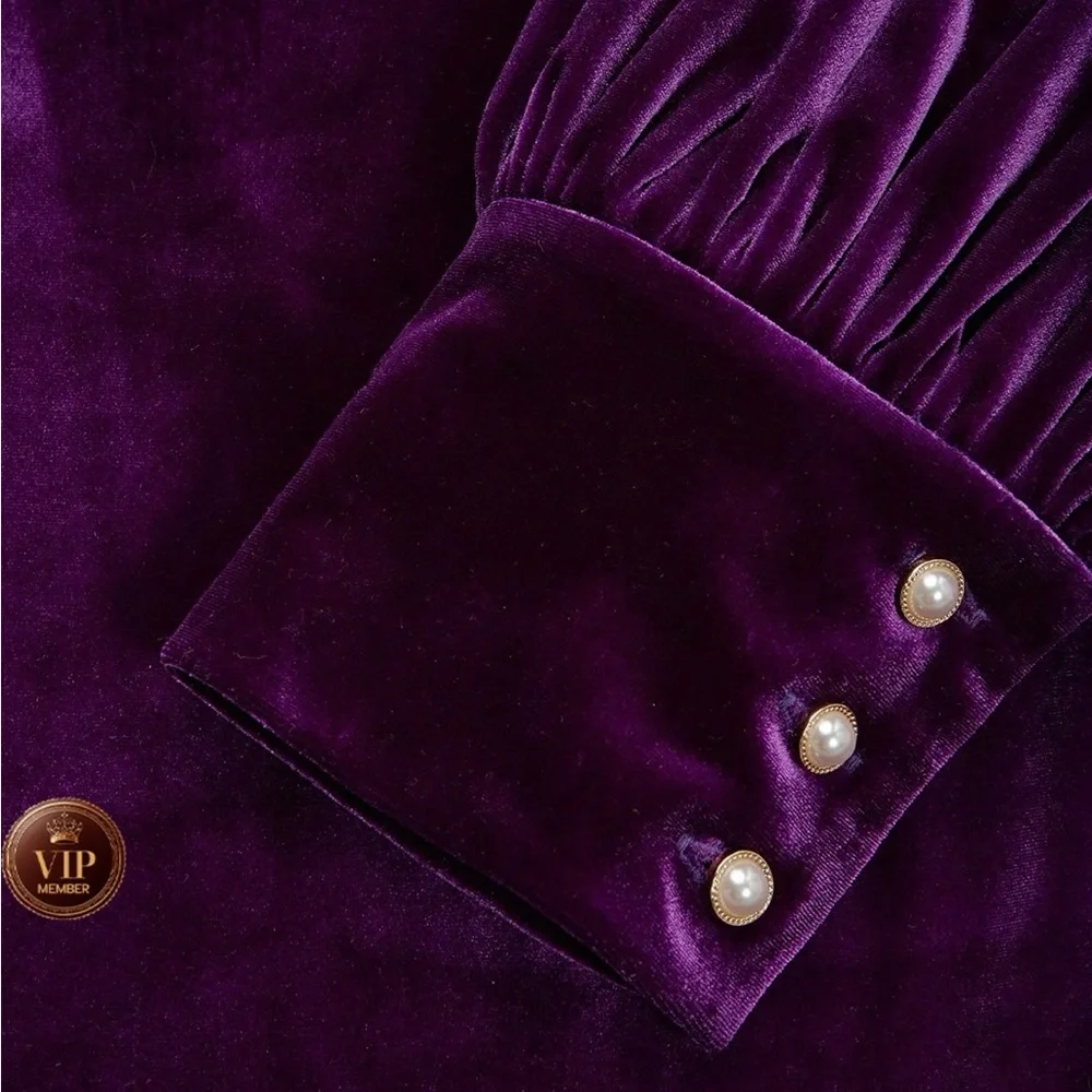 Purple Cross Ruched Velvet Neck Long Sleeve Puff Sheath Midi Dress - Picture 4 of 7